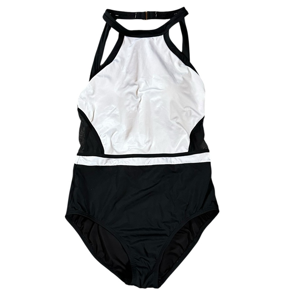 JANTZEN black & white high neck open back one piece swimsuit mesh accents sz 8